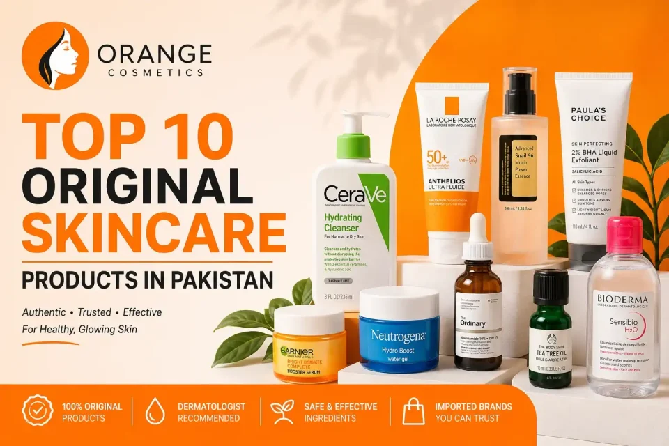Top 10 original skincare products in Pakistan featuring CeraVe, Paula’s Choice, COSRX, Neutrogena, and other authentic skincare brands by Orange Cosmetics